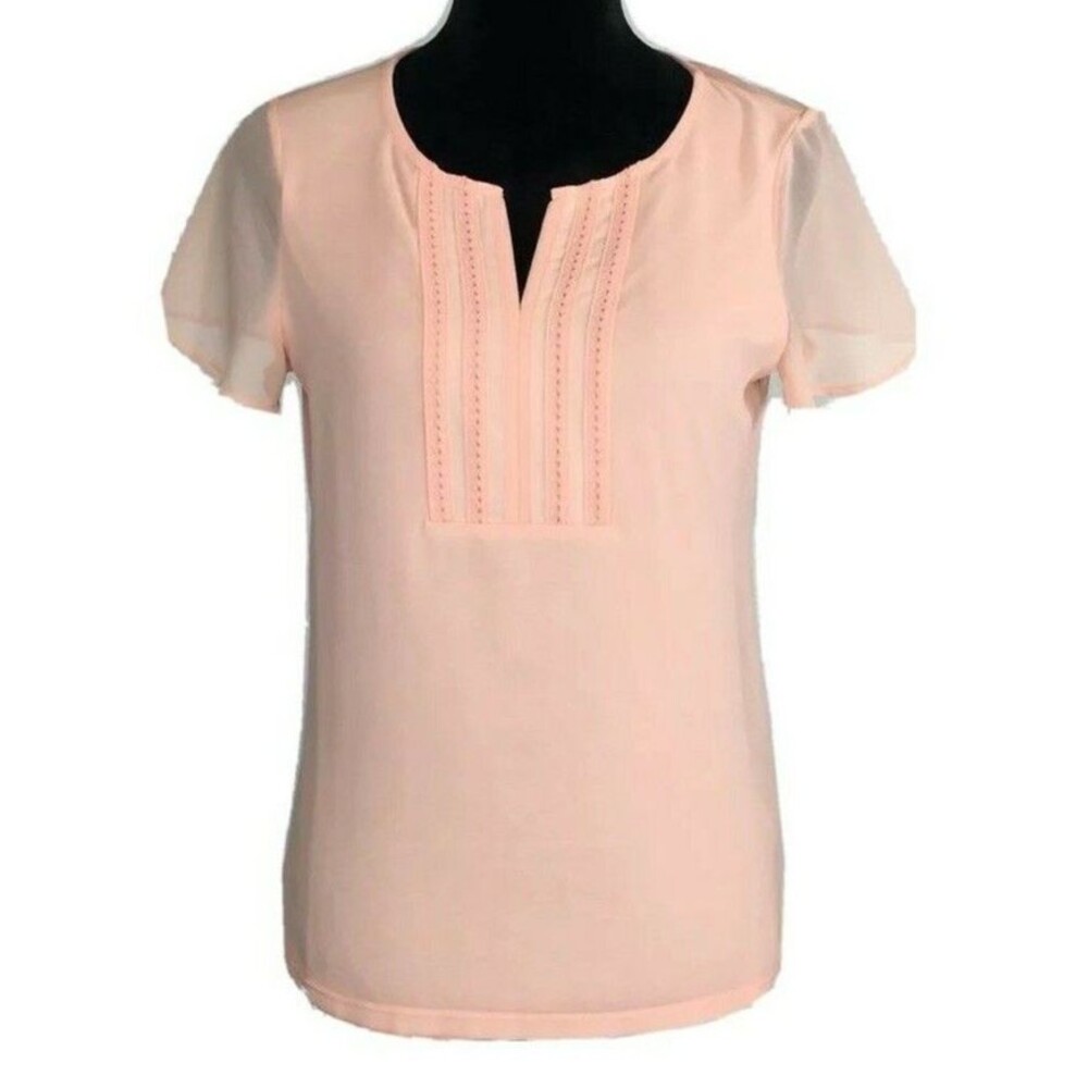 Talbots Top XS Peach Chiffon Short Sl Tee Shirt Embroider VNeck Stretch Pullover